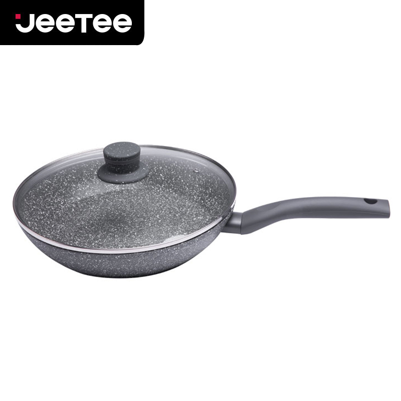 Jeetee吉特不粘少油烟麦饭石平底锅不粘锅煎锅家用炒菜锅早餐锅具24cm燃气灶电磁炉通用仿压带盖QMJP001-24G