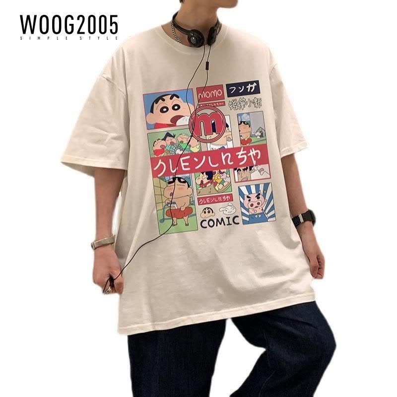 WOOG2005夏季休闲短袖男宽松印花半袖上衣圆领卡通情侣装T恤图片