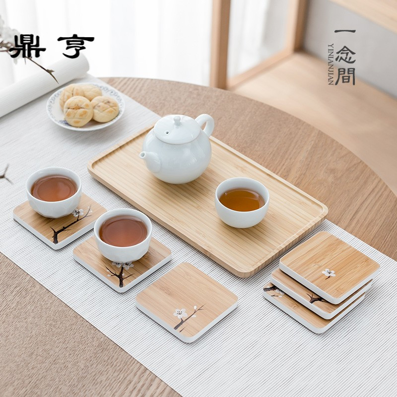 鼎亨功夫茶具竹茶盘竹制实木茶海手绘梅花茶托茶具小托盘干泡茶台