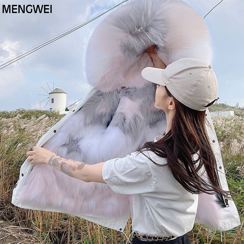 MENGWEI 香港潮牌2019新款可拆卸狐狸毛皮内胆派克服大衣女中长款外套