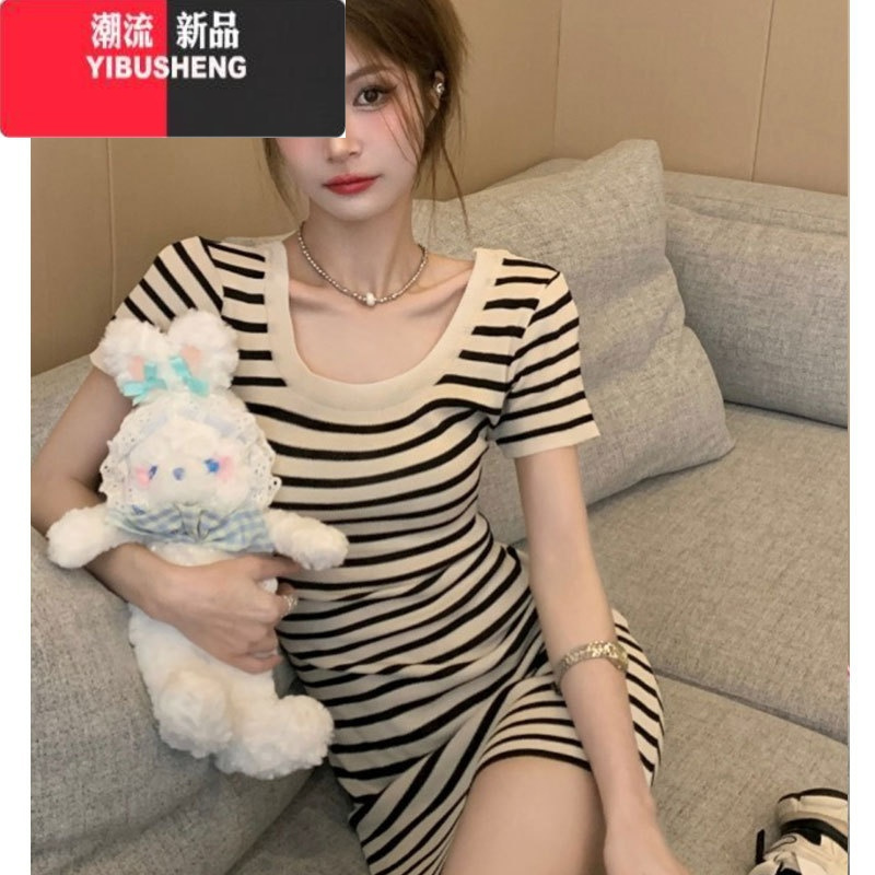 YIBUSHENG甜辣妹条纹t恤连衣裙女法式收腰显瘦气质修身显瘦包臀裙子短裙