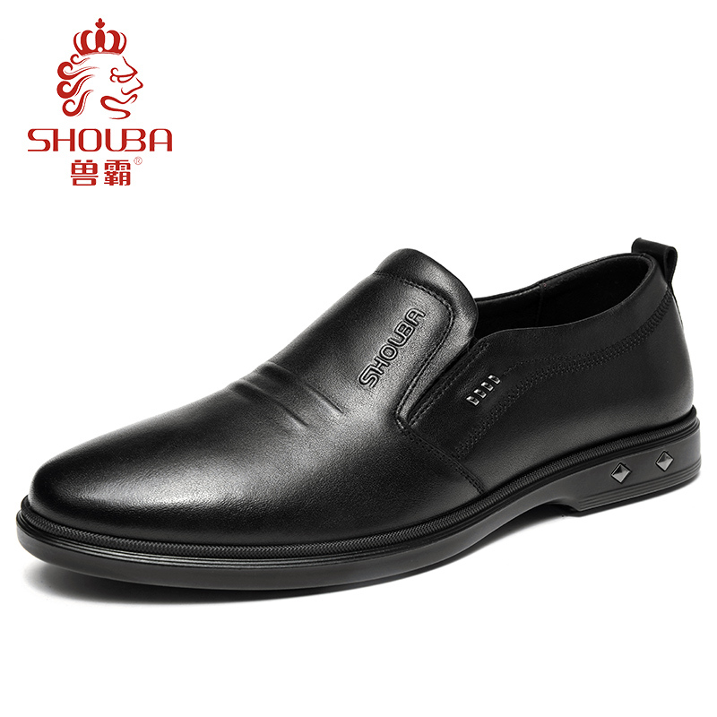 兽霸男鞋2019新款商务休闲鞋真皮圆头低帮套脚皮鞋头层牛皮一脚蹬