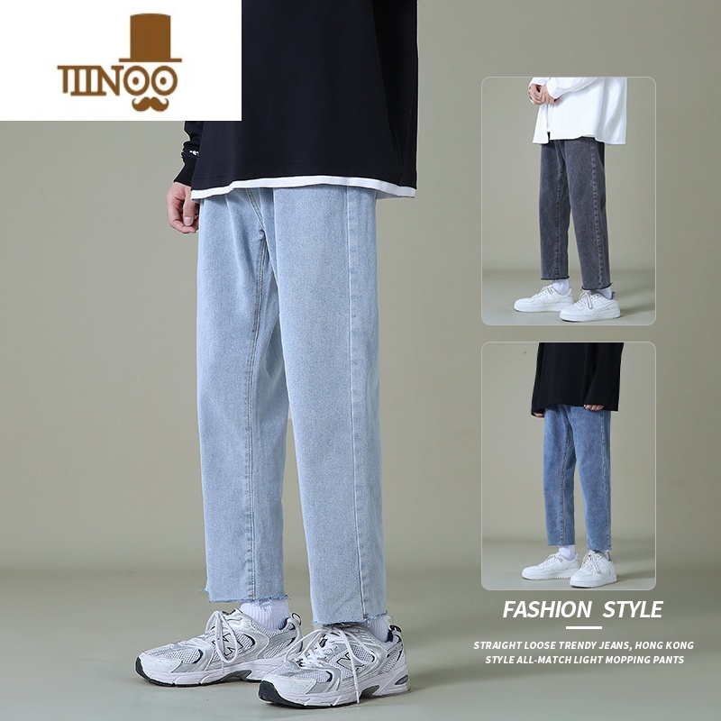 YANXU夏季浅蓝色牛仔裤男九分裤直筒宽松男士休闲韩版潮流毛边长裤子高清大图