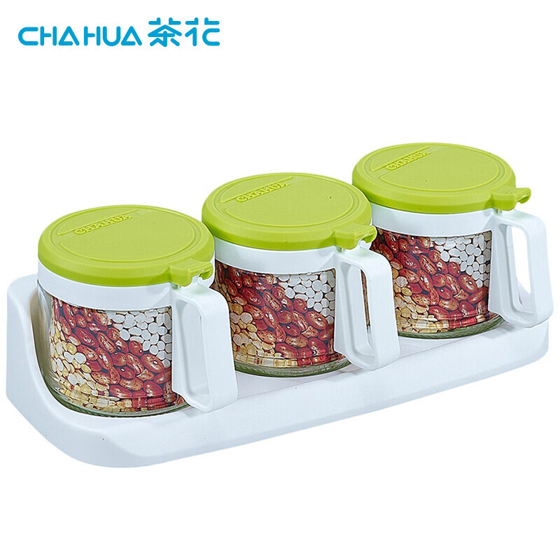 茶花(CHAHUA)三组圆形玻璃调味瓶调料盒架 盐罐大号 盐盒300ML*3颜色随机高清大图