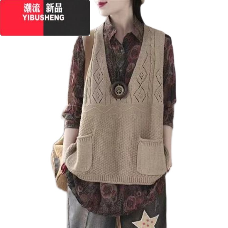 YIBUSHENG针织外套毛衣马甲女春装2023年新款春秋女士背心外搭无袖坎肩上春 2XL 浅卡其