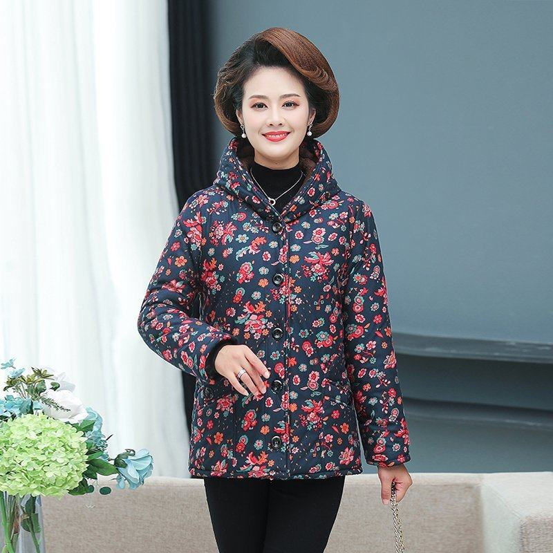 迪鲁奥（DILUAO)当季老人棉衣奶奶装妈妈冬装棉衣外套中老年女装加绒加厚冬季棉袄50岁 XL 藏青小花色