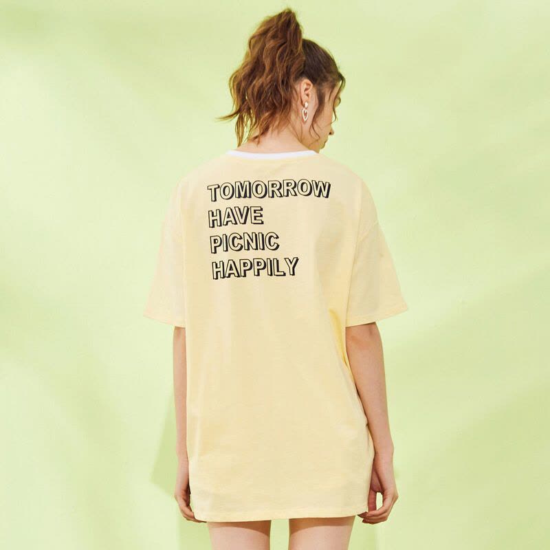 拉夏贝尔大版T恤女短袖夏中长款宽松上衣印花女式T恤图片