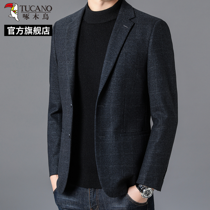 啄木鸟2025新款中年男士西服休闲格子商务西装外套爸爸春秋上衣5高清大图