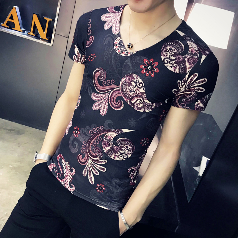 2018春夏年轻男式短袖t恤个性花色v领半袖t恤帅气修身上衣体恤男