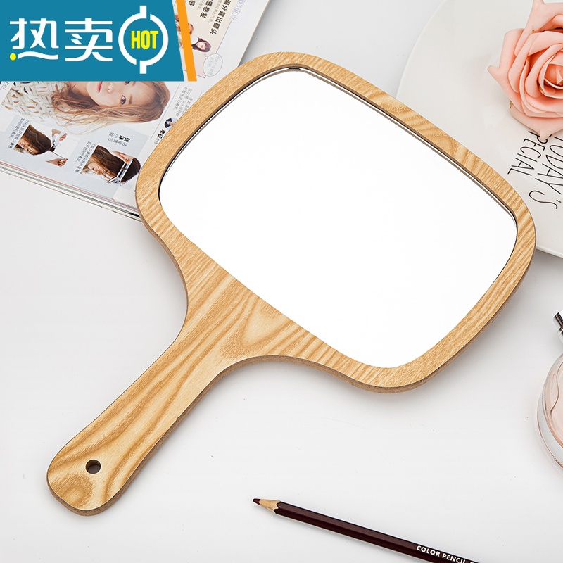 敬平高清手拿木质公主手柄镜子 便携美容化妆镜可悬挂手持梳妆镜大号便携式用镜 圆形大号高清大图