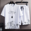 短袖套装男士夏季韩版新款时尚潮流印花短裤青少年两件套_1 3XL 雪山白色套装