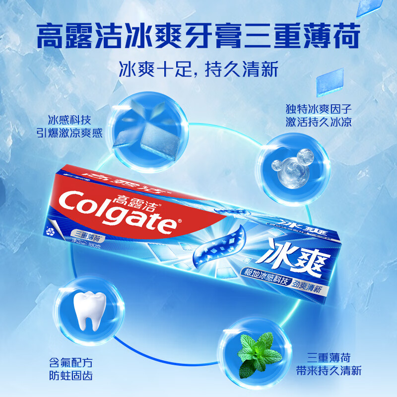 高露洁(Colgate)冰爽三重薄荷牙膏10倍持久清凉感清新口180g高清大图