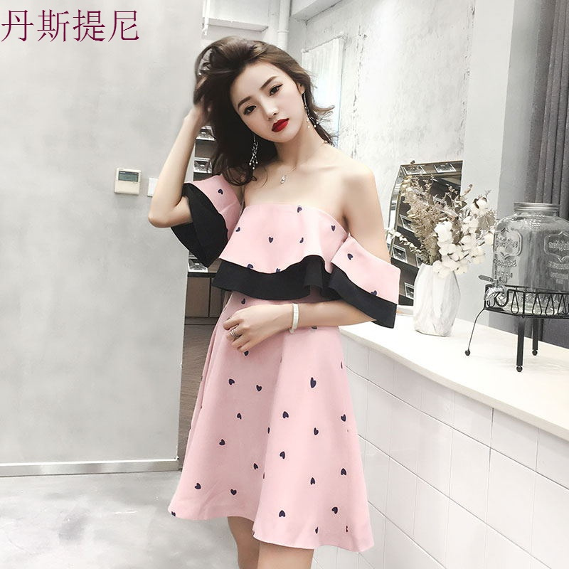 2018新款粉色小礼服修身A字蓬蓬裙女生日派对露肩名媛伴娘连衣裙