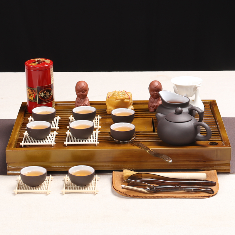 百鸿(Baihong) 整套茶具家用功夫紫砂茶壶茶杯实木茶盘 咖色小兰香内白紫砂茶具套装
