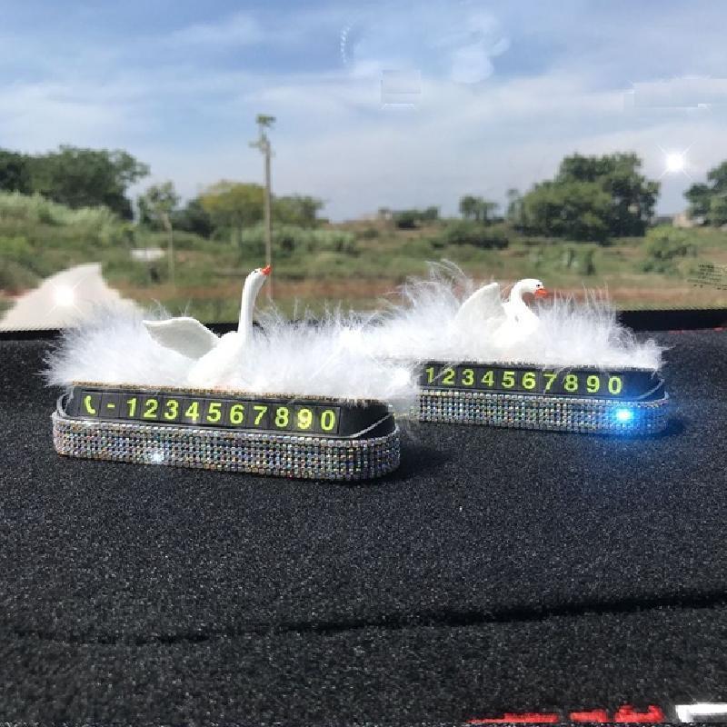 汽车临时停车卡镶钻个性天鹅女士挪车号码牌卡创意联系车载电话牌 隐藏式天鹅镶钻-一号
