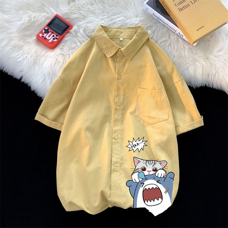 Claw money黑色痞帅薄款短袖衬衫男夏季休闲宽松五分袖衬衣青少年