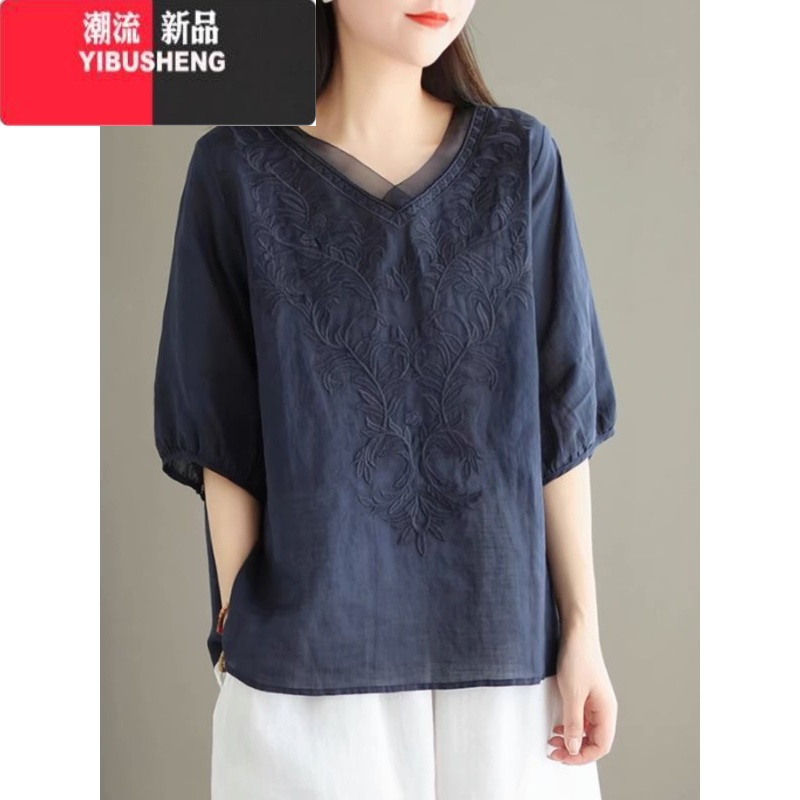 YIBUSHENG2024新款刺绣苎麻衬衫女薄款短袖t恤复古宽松大码棉麻百搭上衣高清大图