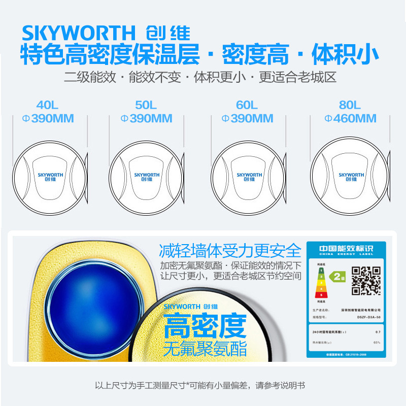 创维(SKYWORTH)40L 电热水器 家用 智能遥控 速热2000W 二级能效 排污提醒 热水器D5C-40
