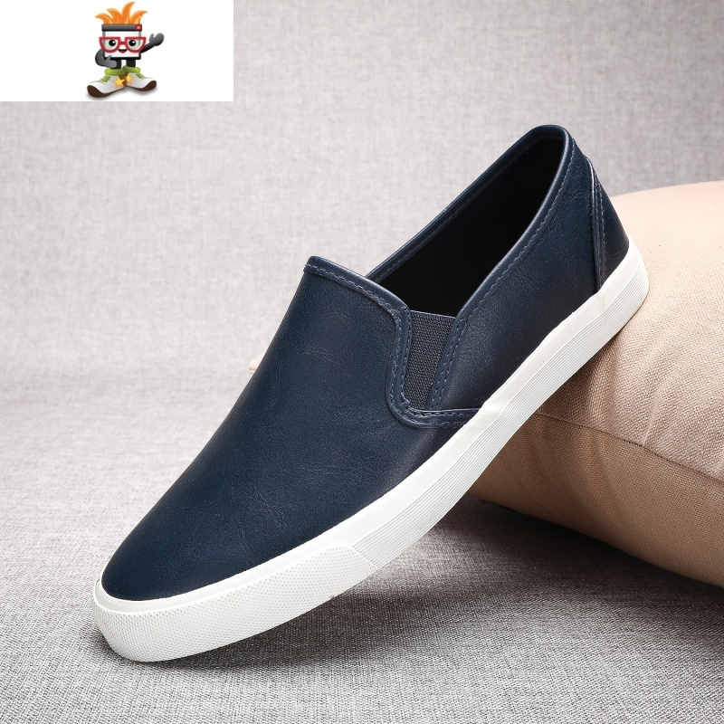 男士黑色皮面一脚蹬懒人鞋男韩版小皮鞋男潮流休闲鞋低帮百搭鞋子闪潮