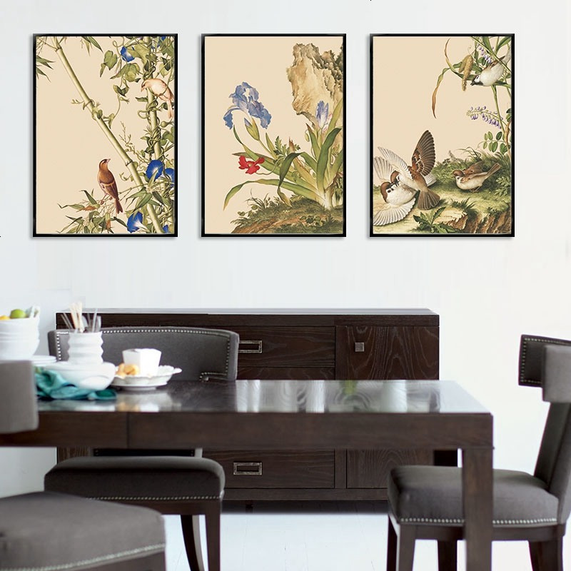 新中式客厅书房走廊装饰挂画花鸟工笔画三联副卧室壁画组合楼梯画