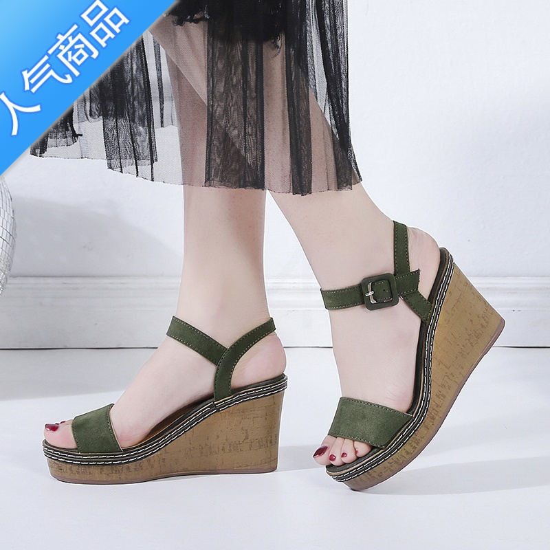 suntek坡跟凉鞋女2022夏季新款中跟高跟凉鞋厚底松糕鞋防水台一字扣