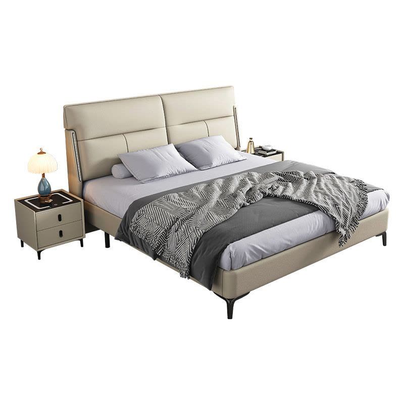 简臣意式橡胶木床全实木头层牛皮床主卧1.8米榫卯床板婚床双人床6242图片