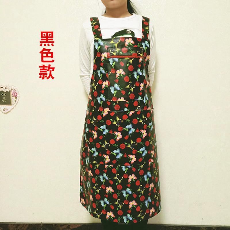 韩版成人背带男女皮革围兜加厚PU皮围裙防水防油工作家务厨房围腰 黑色花朵款