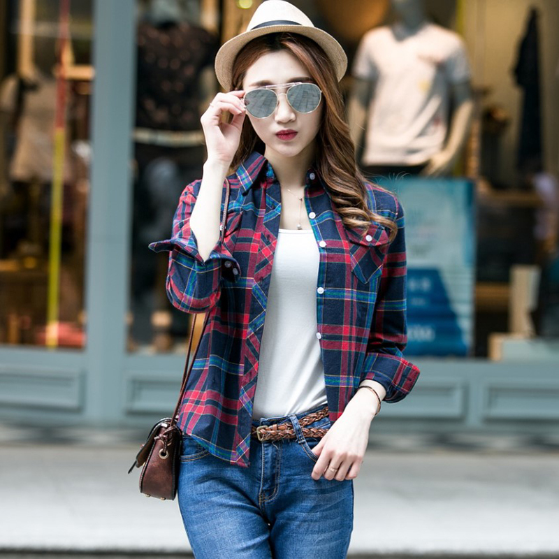 艳如飞春秋款棉格子衬衫女长袖外套韩版修身显瘦打底学生衬衣大码女装