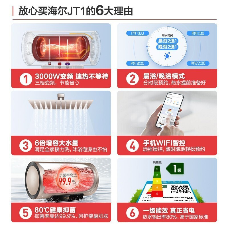 海尔(Haier) EC6003-JT1(U1) 节能沐浴智能灭菌wifi智控 60L