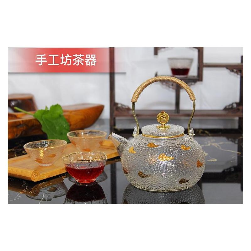 玻璃煮茶壶电陶炉烧水壶锤纹耐热玻璃茶具明火加热耐温提梁壶|1000ML祥云弯嘴描金壶送内胆