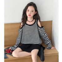 女童套装秋季新款儿童早穿搭大童条纹露肩卫衣半身裙两件套 150cm 露肩上衣