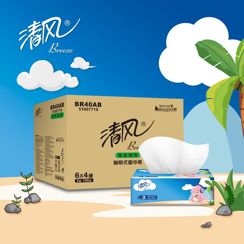 清风3层100抽/包*24包抽取式面巾纸BR40AB高清大图
