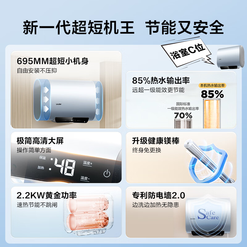 海尔出品统帅 60升懒人扁桶电热水器家用2200W速热国家补贴15%一级能效速热以旧换新F1PROK高清大图