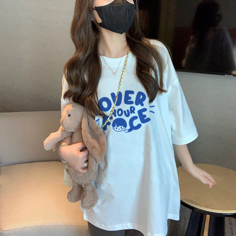 唐狮夏季女圆领前胸趣味字母短袖纯棉T恤时尚百搭减龄