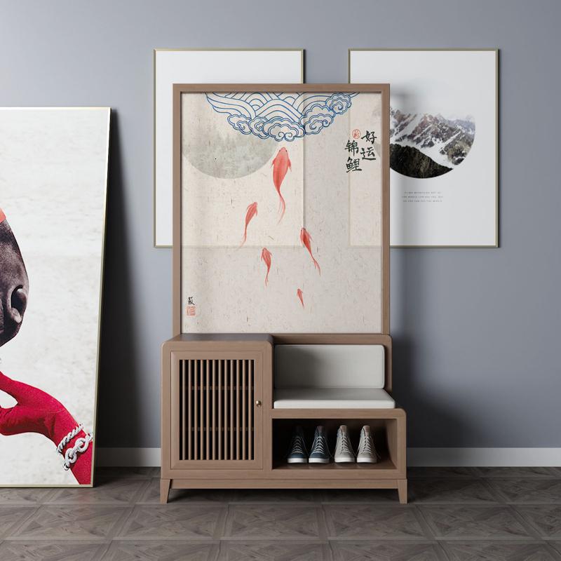 BONJEAN新中式现代简约屏风隔断客厅装饰入户进玄关风水移动换鞋柜鞋凳高清大图