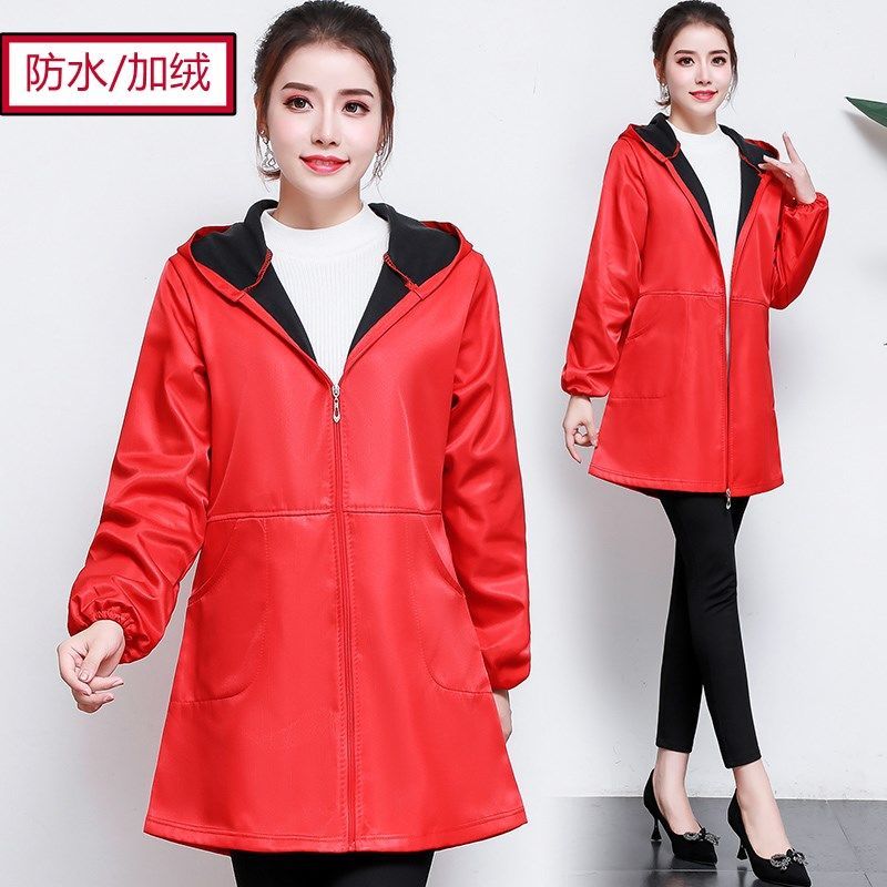 防水款+内加高级绒-大红纯色 175/XL码可套棉袄-125斤以内 羽绒服罩衣女成人冬加绒加厚长袖外套大人护厨房围裙工作