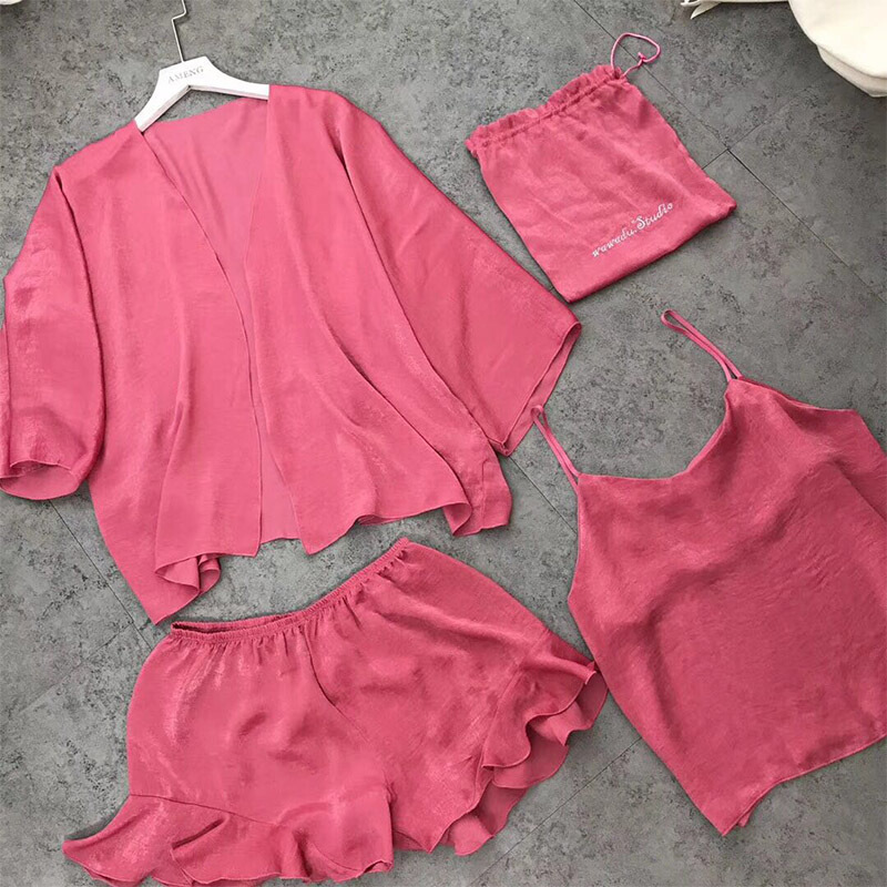 性感睡衣女士夏短袖三件套薄款年轻带丝可外穿学生家居服yy