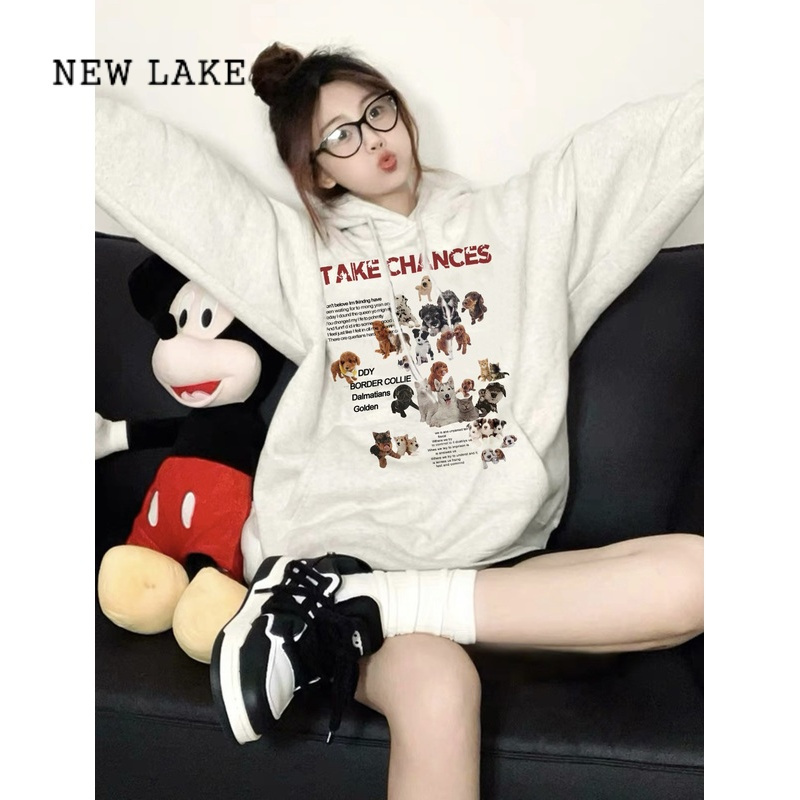NEW LAKEhiphop国潮牌纯棉修狗白灰色连帽卫衣女宽松oversize加绒外套