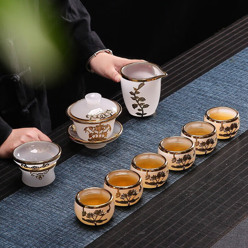 金镶玉 玉瓷镶莲茶具套装 晶玉瓷手工镶嵌陶瓷盖碗茶杯公道杯套装