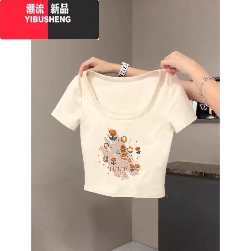YIBUSHENG短袖t恤女ins正肩杏色修身显瘦可爱猫咪印花高腰辣妹短款上衣潮高清大图