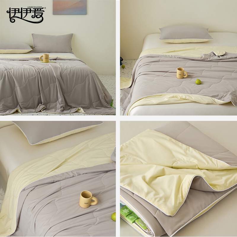 伊伊爱 双面撞色锦氨弹力大豆夏凉被 烟灰＋米黄高清大图