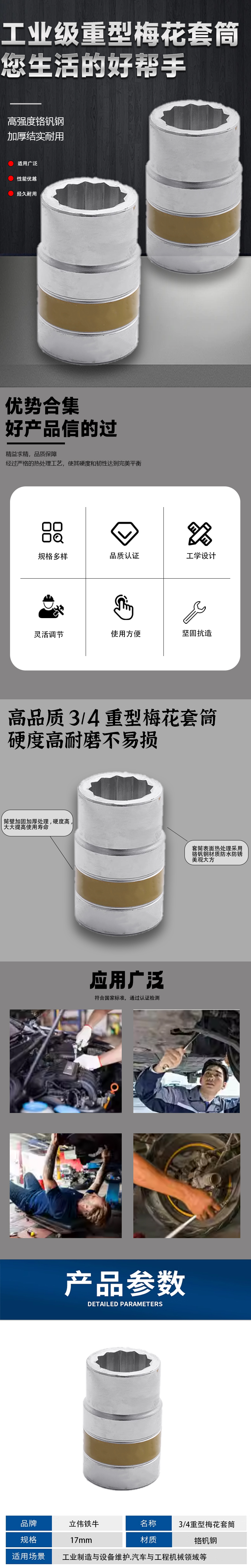 立伟铁牛3/4重型梅花套筒17mm/个高清大图