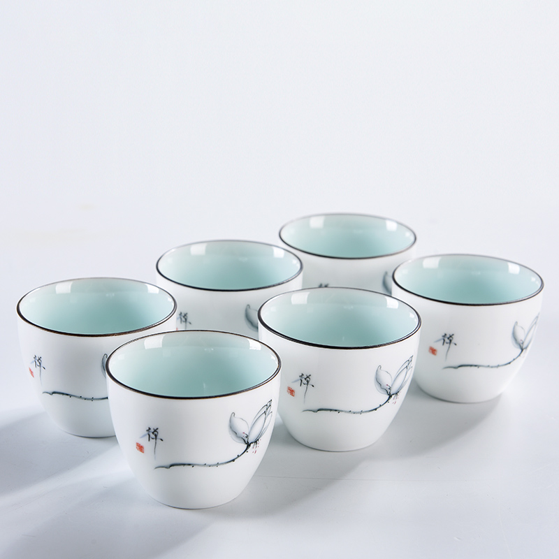简约白瓷镂空茶杯品茗杯功夫茶杯套装家用黑陶茶具陶瓷主人杯 三维工匠 白定窑罗汉茶杯一组6个高清大图
