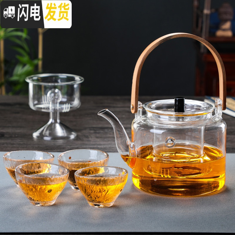 三维工匠可加热加厚玻璃蒸汽煮泡茶壶可高温竹把提梁烧水壶锤纹过滤器大号 平光提梁壶+4金箔品杯蒸煮双内胆茶具高清大图