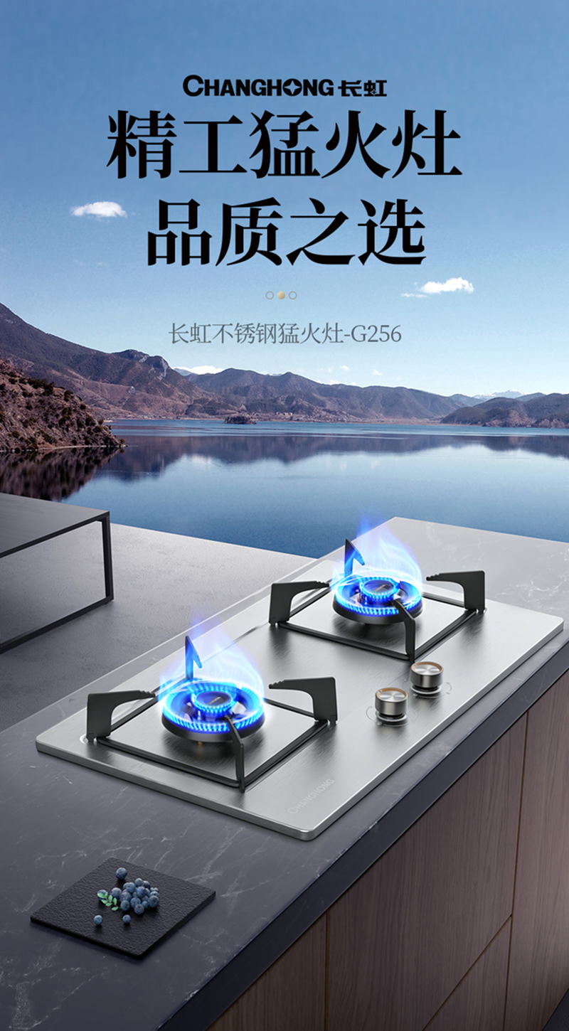 长虹(CHANGHONG) 5.0kW猛火 一级能效 铜火盖 全进风燃烧系统 不锈钢面板 液化气灶具JZY-G256高清大图