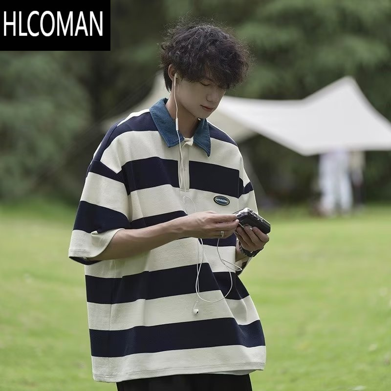 HLCOMAN日系cityboy条纹翻领短袖t恤男25夏季时尚潮流原宿休闲宽松polo衫