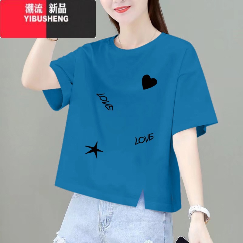 YIBUSHENG短袖t恤女2024新款季韩版宽松百搭短款小个子印花上衣高清大图