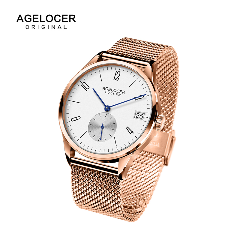 瑞士原装Agelocer 艾戈勒手表男士自动机械表 时尚男士手表 防水休闲皮带男表瑞士手表 简约大气金表高清大图