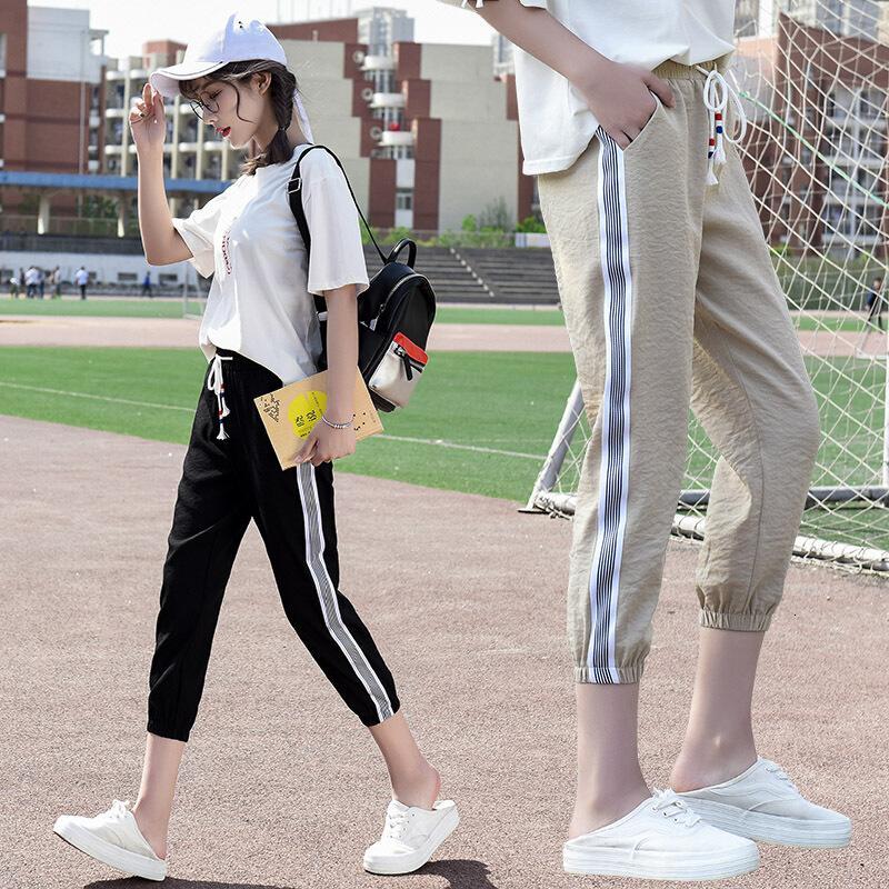 夏裤女薄款运动裤九分束脚哈伦裤条纹棉麻宽松修身灯笼休闲裤