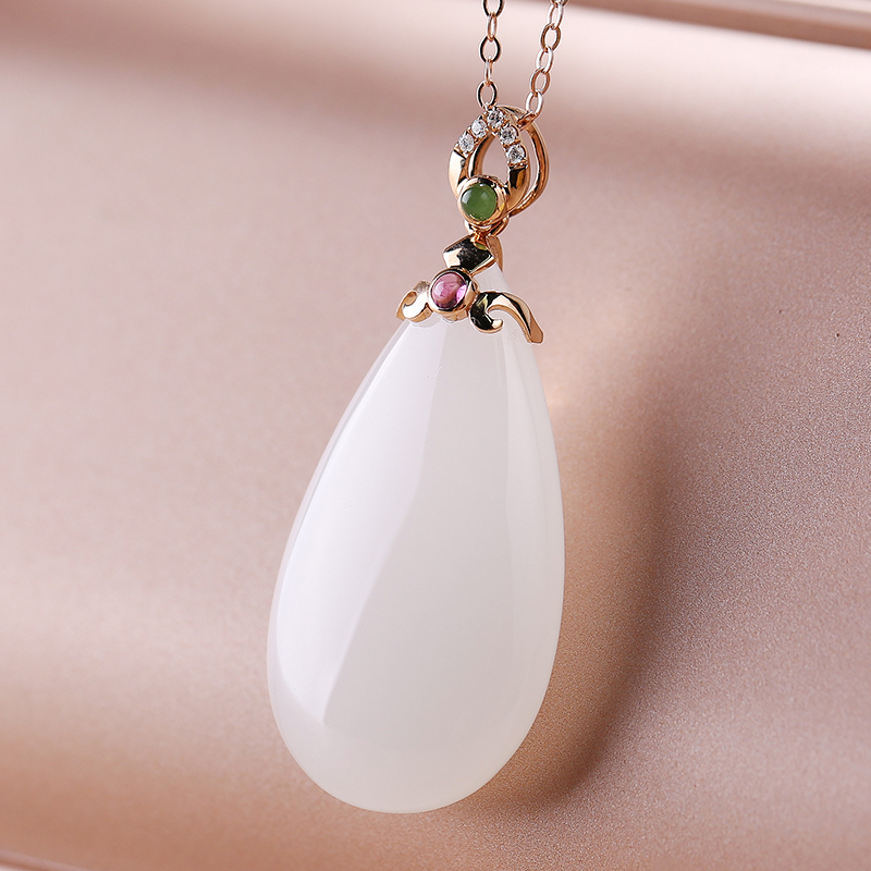 印象眸18k金镶和田玉吊坠金镶和田玉水滴形女款玉石坠子附送证书送